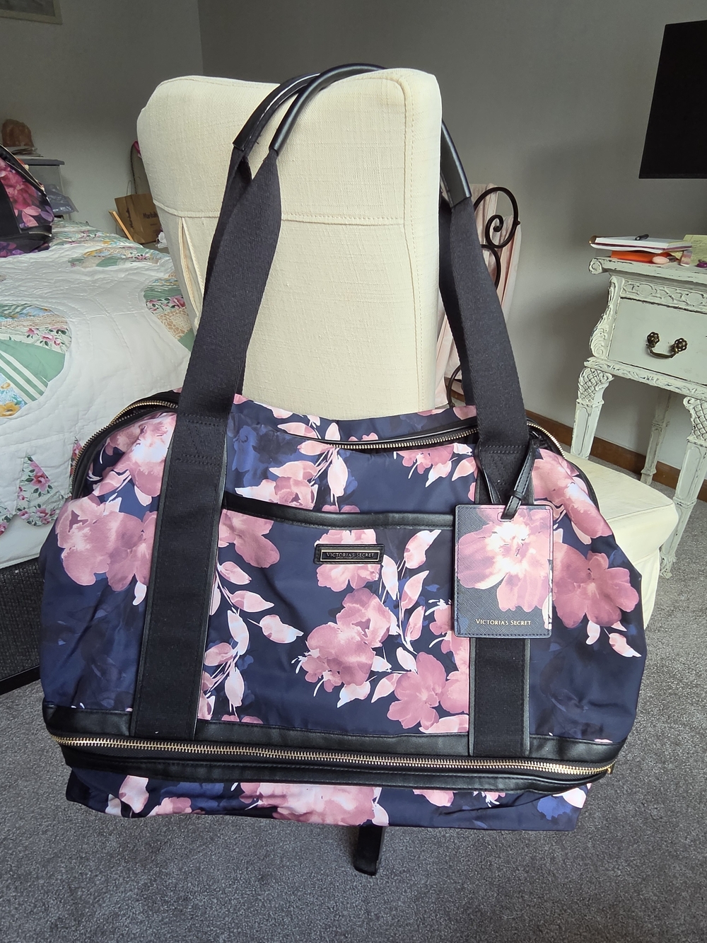 Victoria's Secret Navy Floral Travel Duffel with Pink Blooms